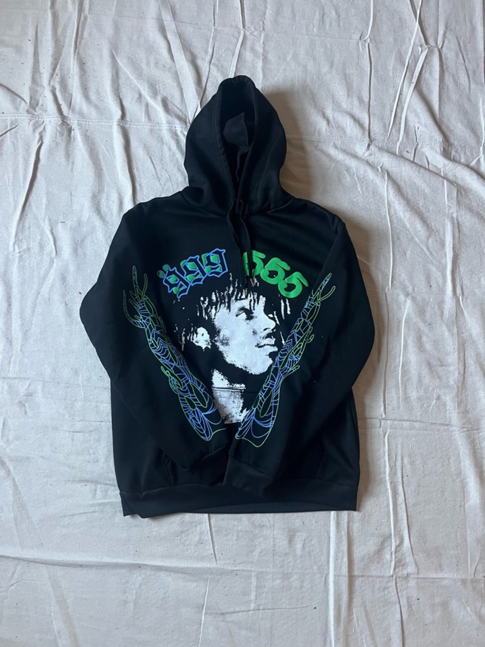 Juice Wrld x Sp5der Hoodie with Neon Green & Blue